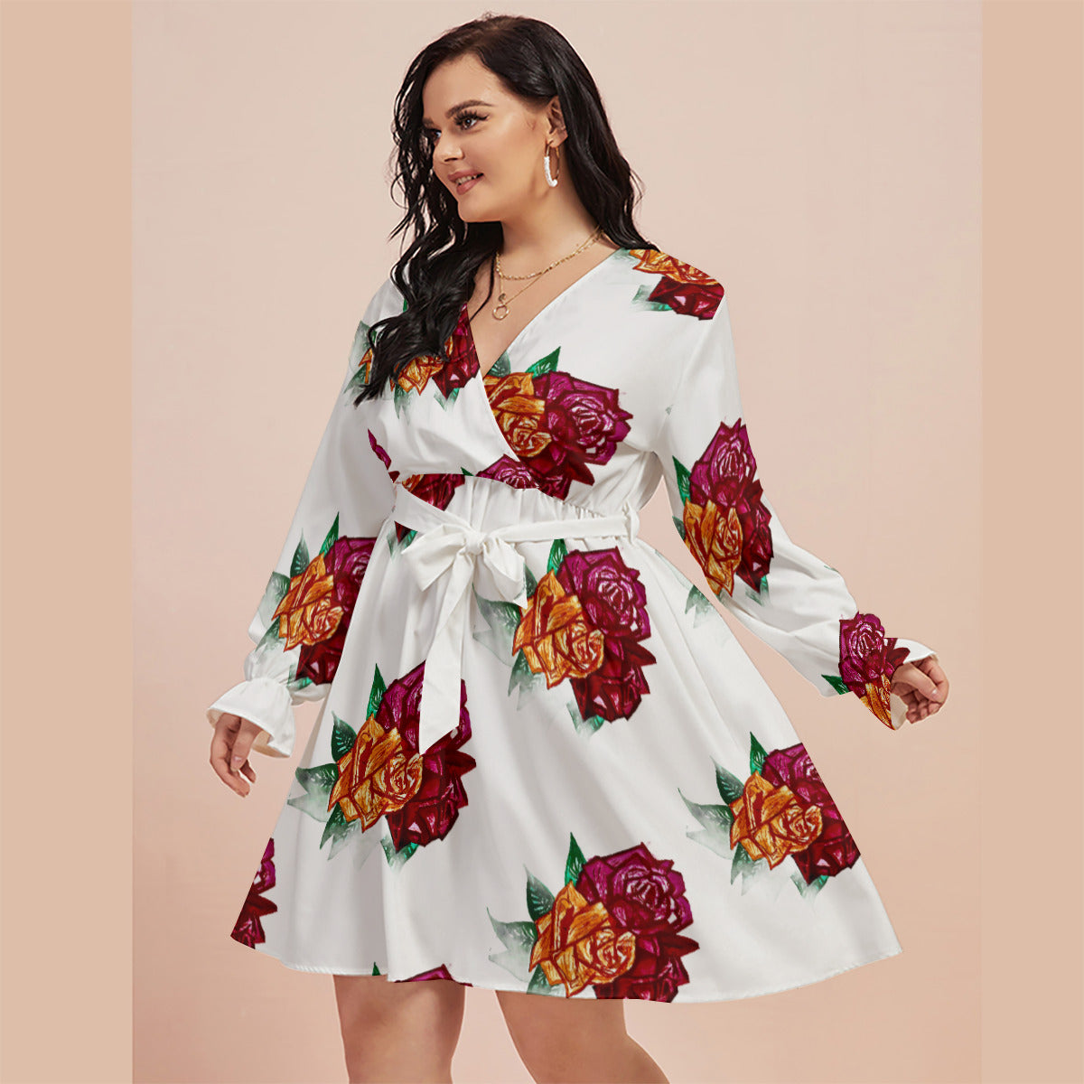 All-Over Print Women's V-neck Dress With Waistband(Plus Size)