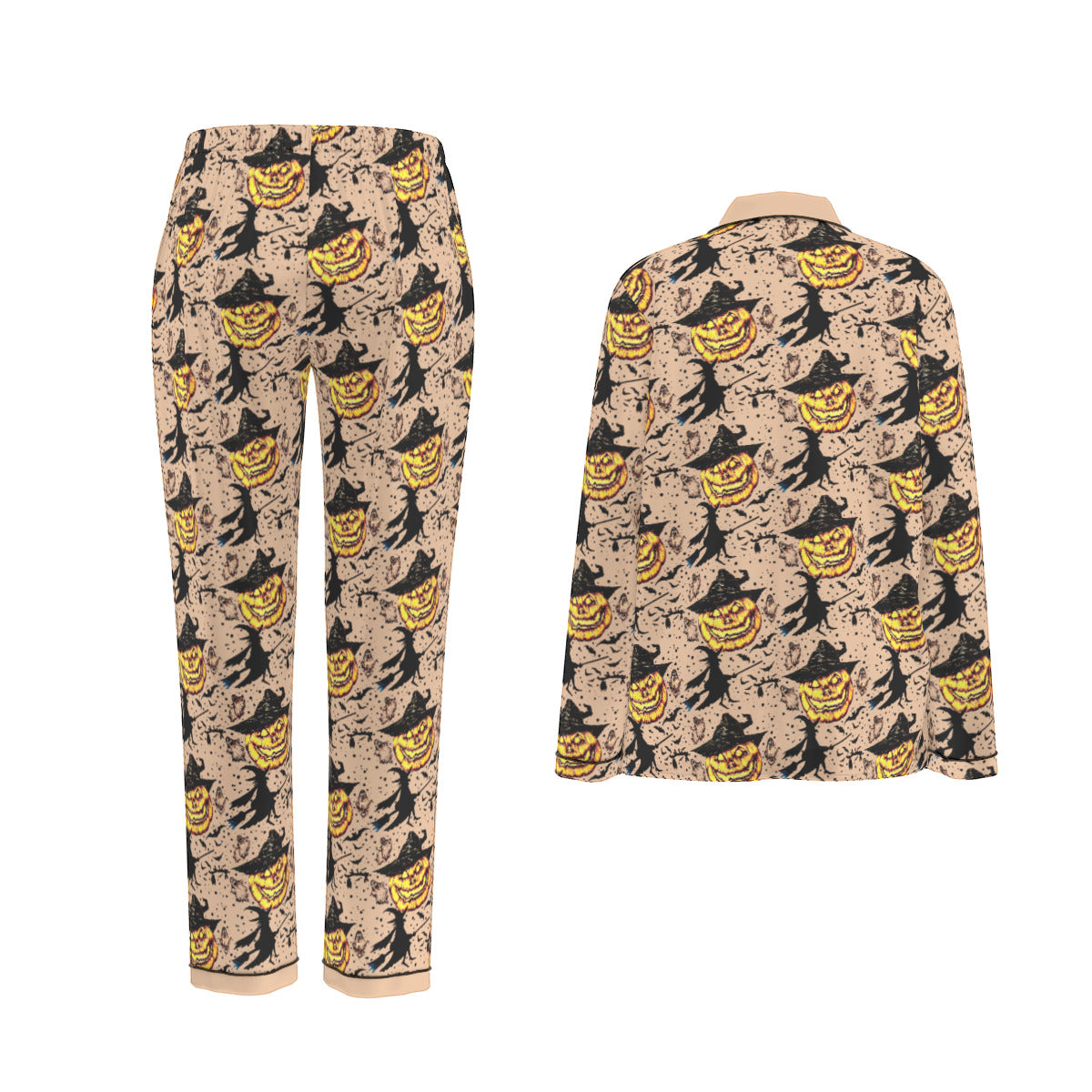 All-Over Print Women's Long Sleeve Pajama Set With Black Contrast Piping