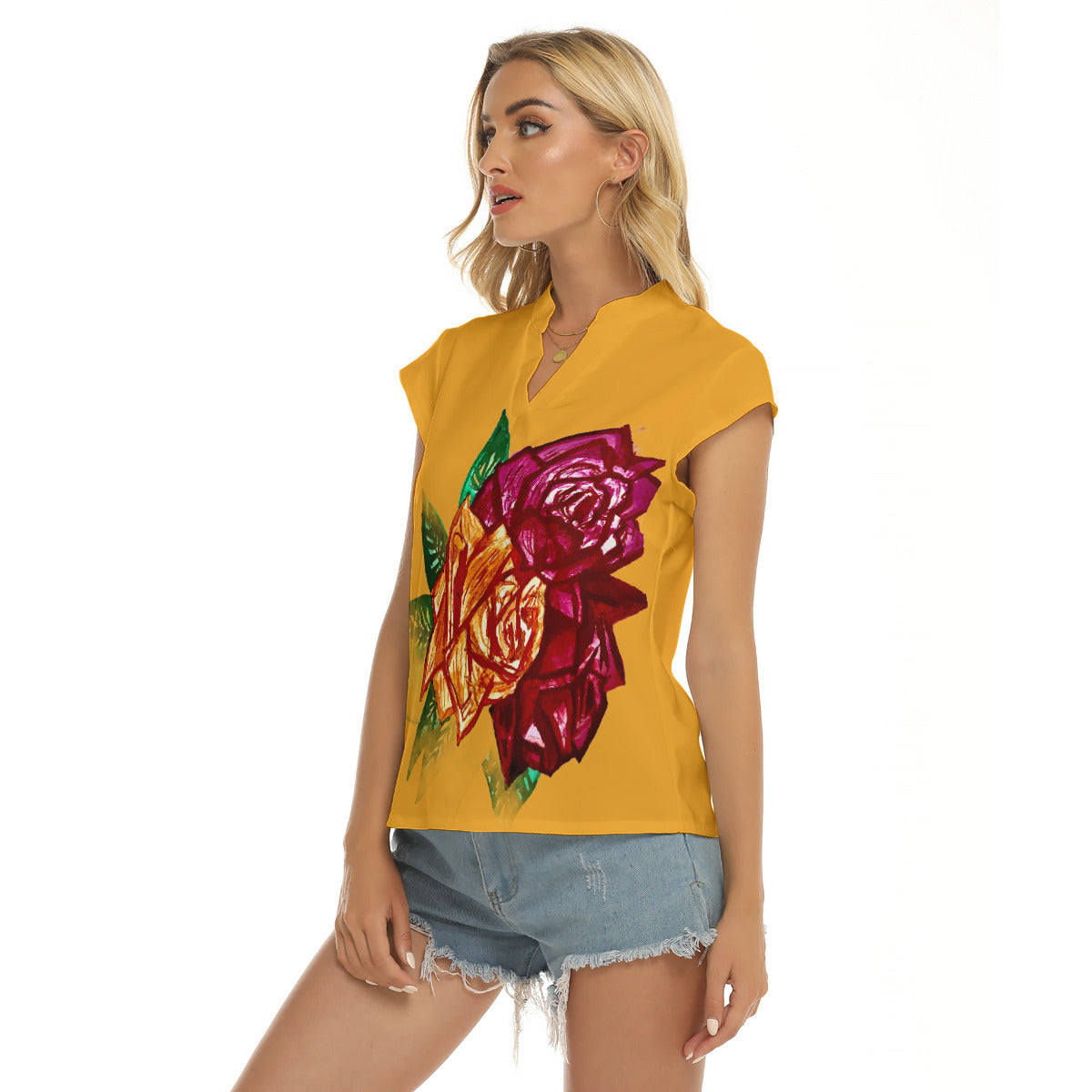 All-Over Print Women's Stacked V-neck Short Sleeve Blouse