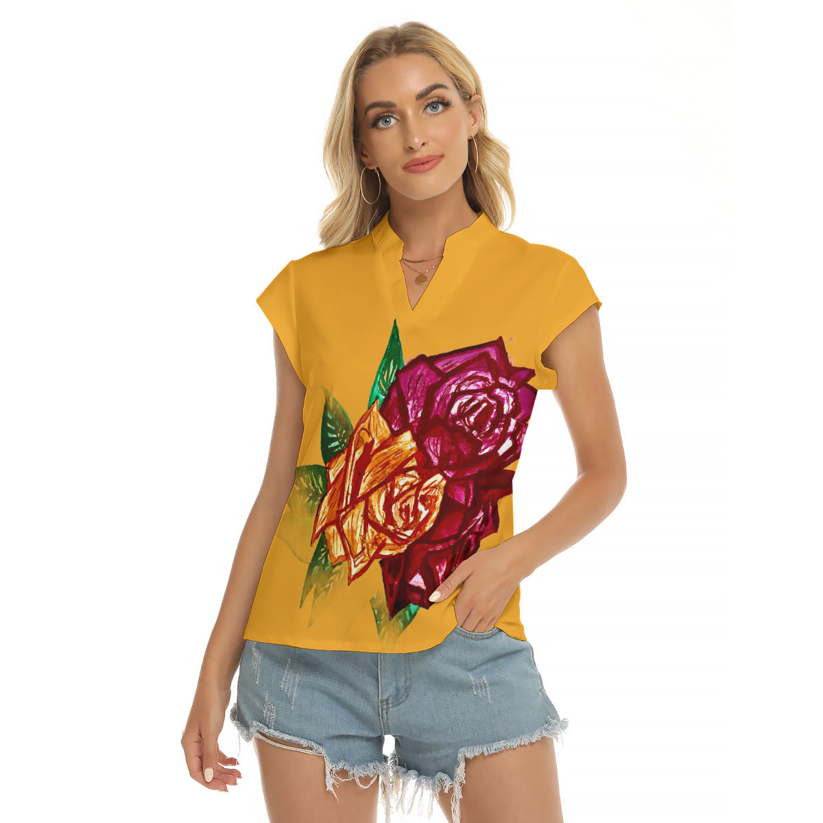 All-Over Print Women's Stacked V-neck Short Sleeve Blouse