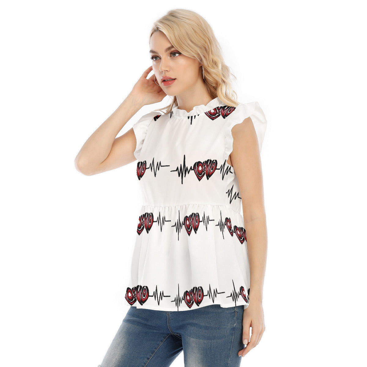 All-Over Print Women's Blouse With Lotus Leaf Lace