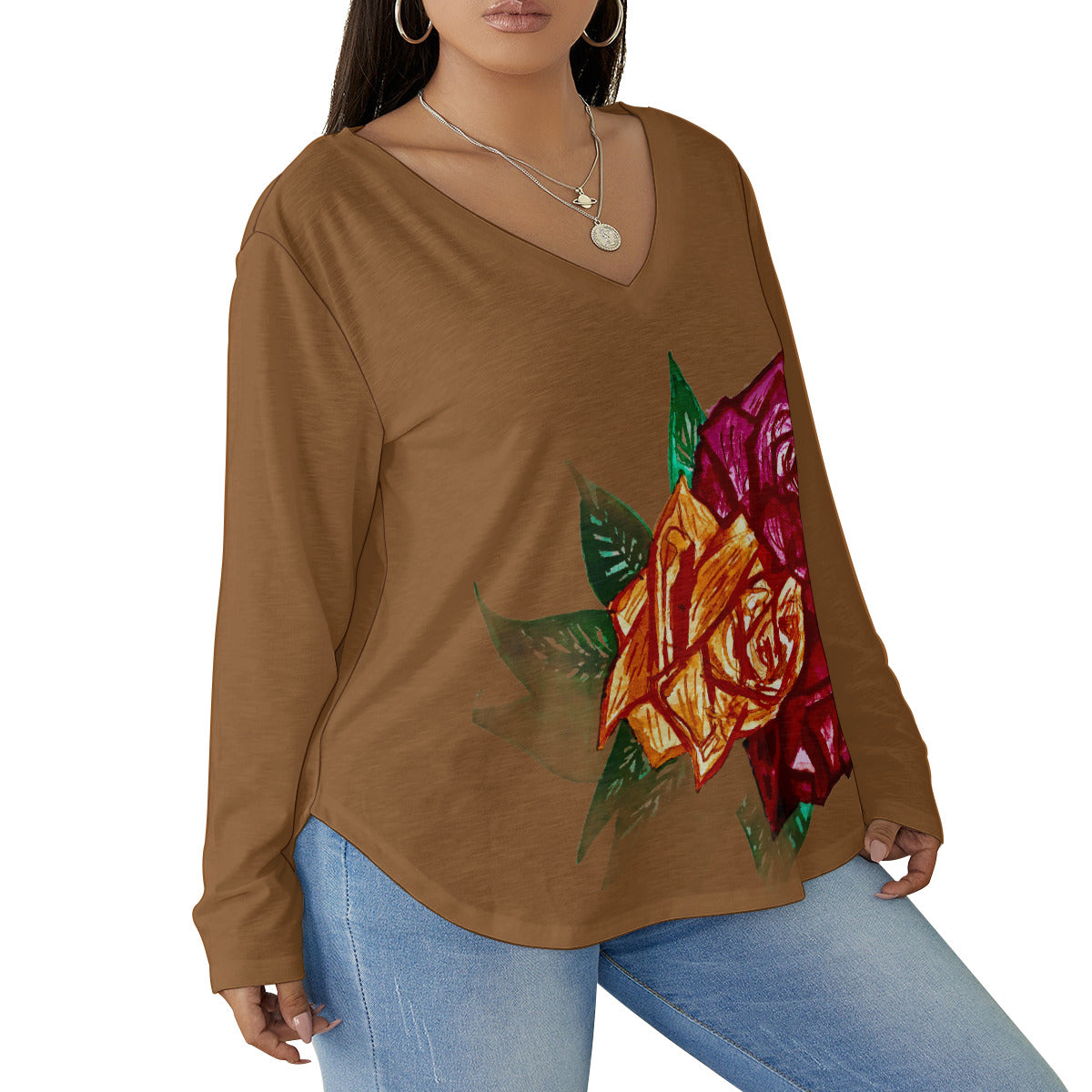 All-Over Print Women's V-neck T-shirt With Curved Hem(Plus Size)
