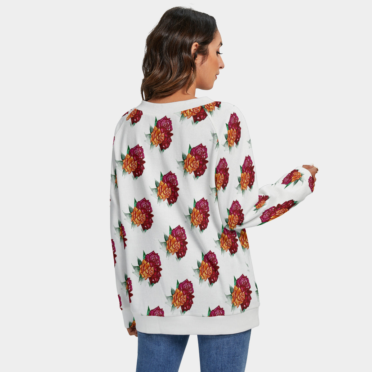 All-Over Print Women's V-neck Imitation Knitted Sweater With Long Sleeve