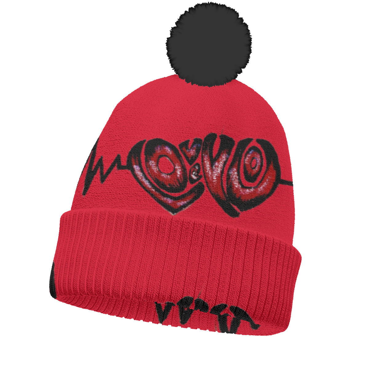All-Over Print Knitted Hat With Pom-Pom