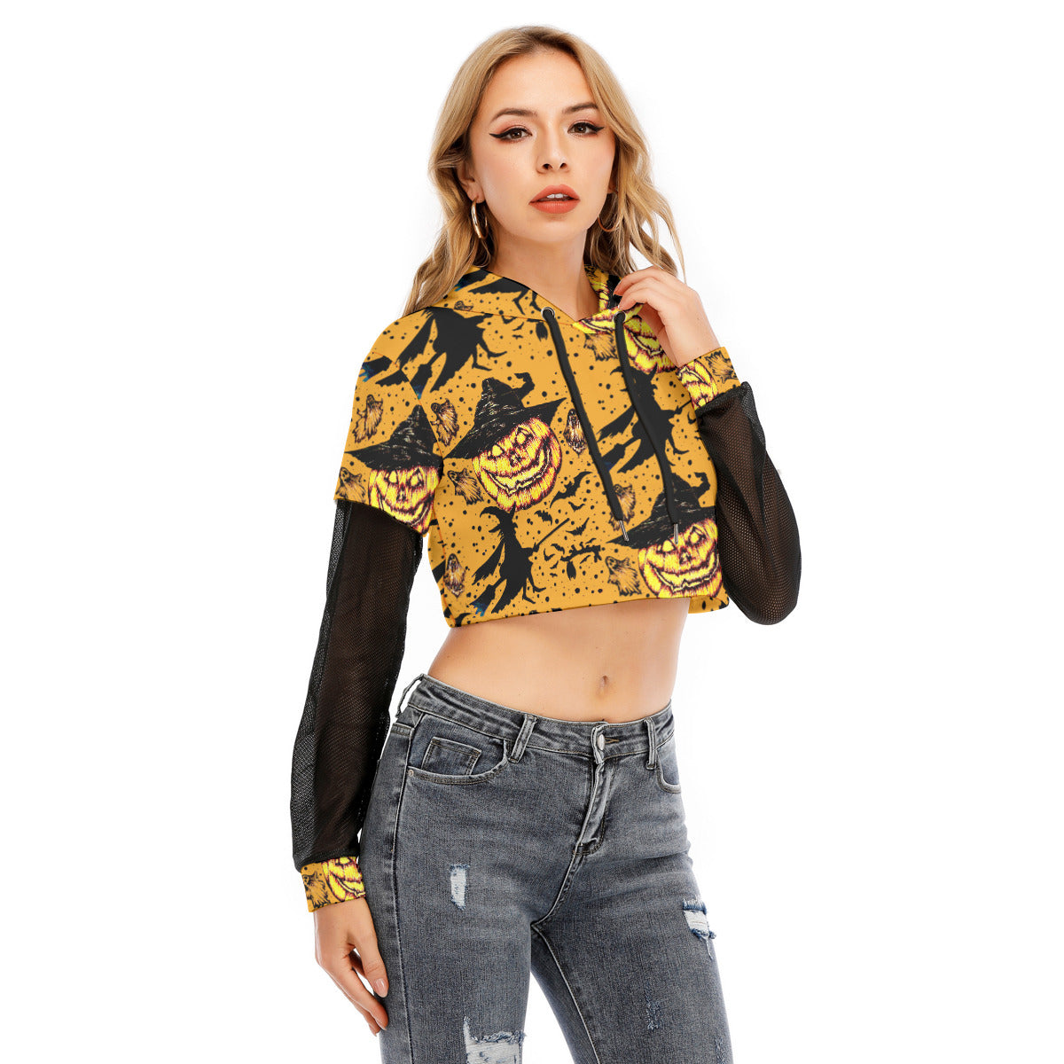 All-Over Print Women's Fake Two-piece Mesh Sleeve Cropped Hoodie