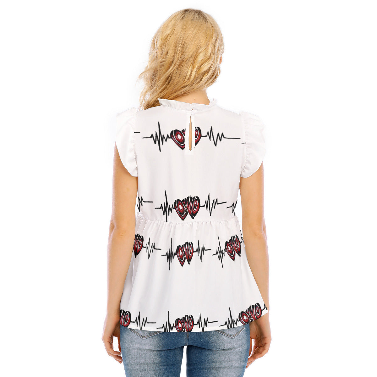 All-Over Print Women's Blouse With Lotus Leaf Lace