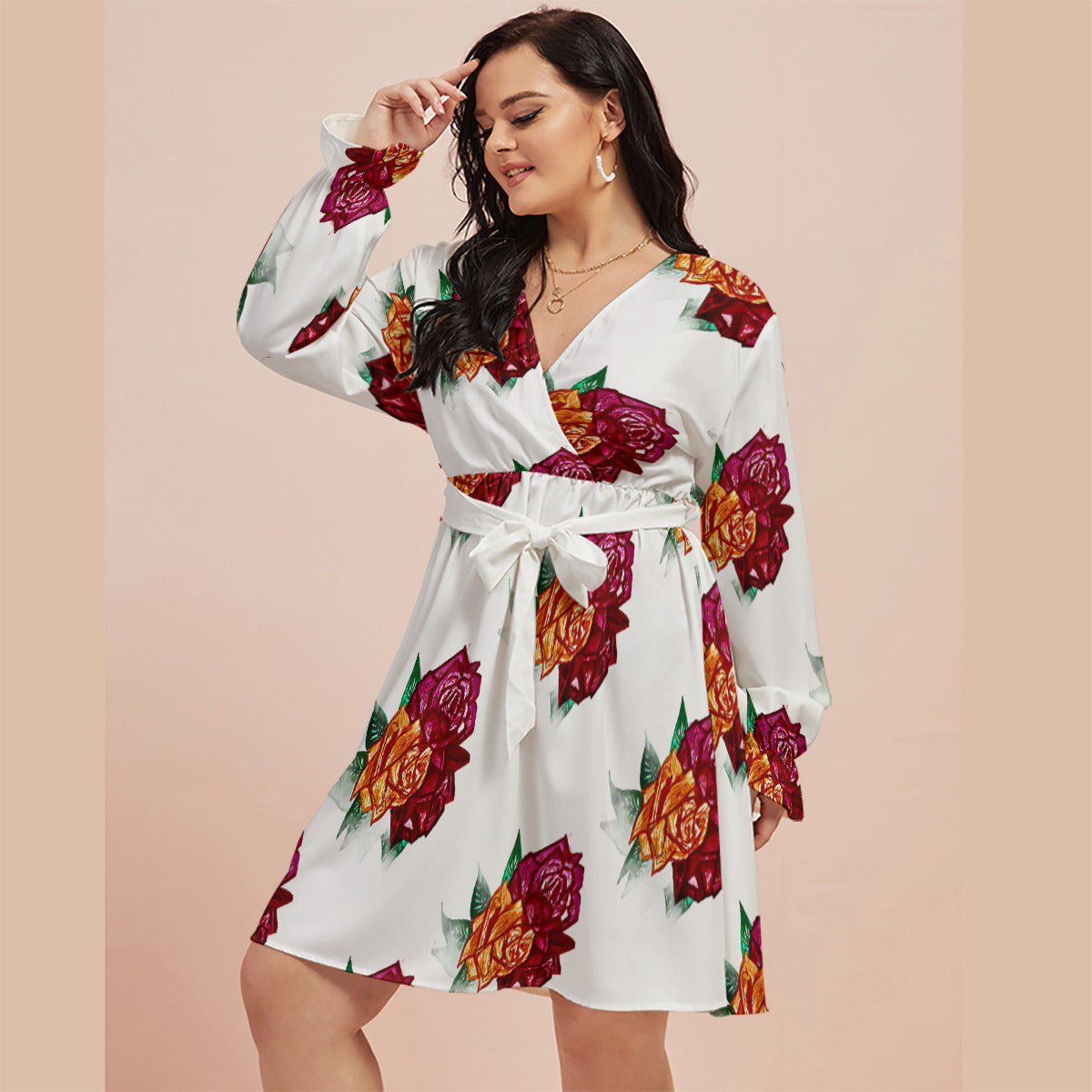 All-Over Print Women's V-neck Dress With Waistband(Plus Size)