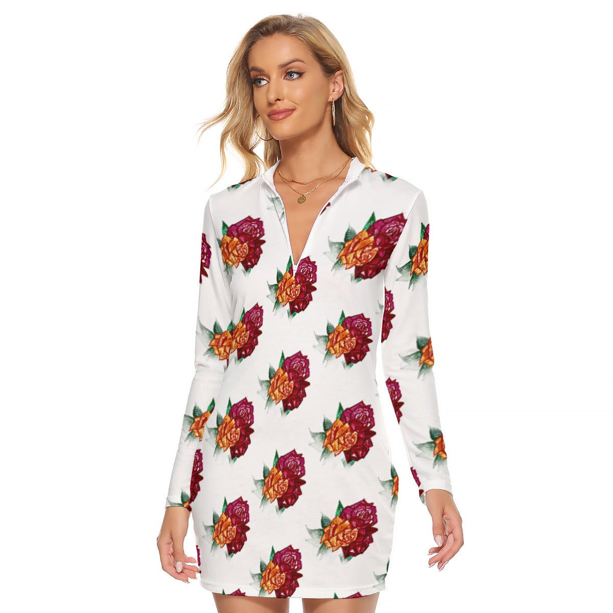 All-Over Print Women's Zip Front Tight Dress