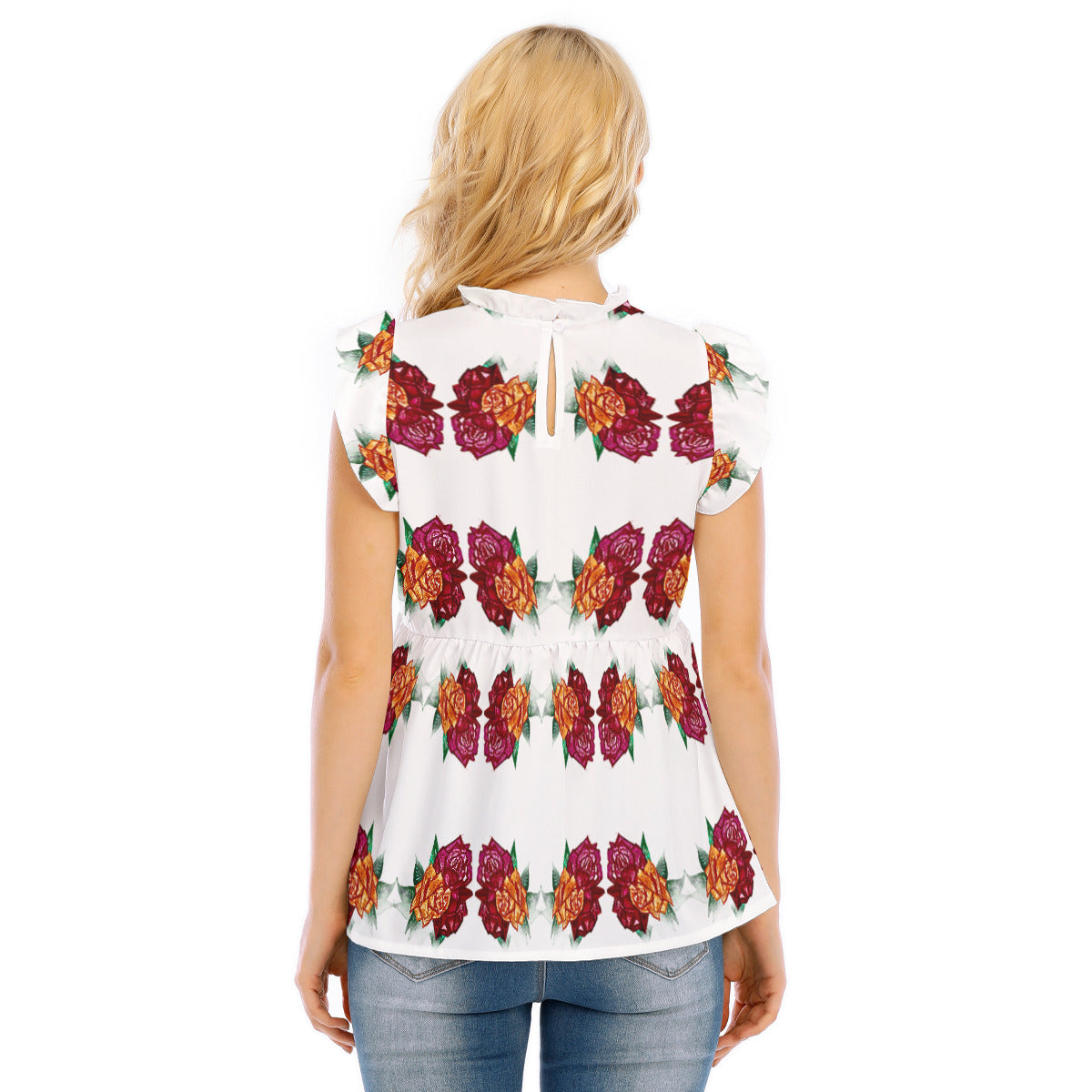 All-Over Print Women's Blouse With Lotus Leaf Lace