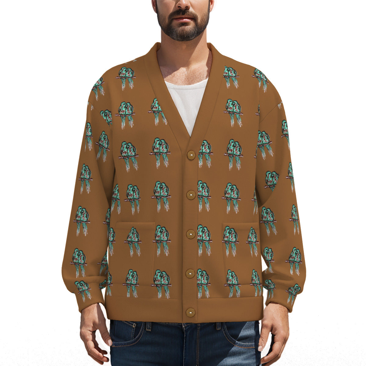 All-Over Print Unisex V-neck Knitted Fleece Cardigan With Button Closure