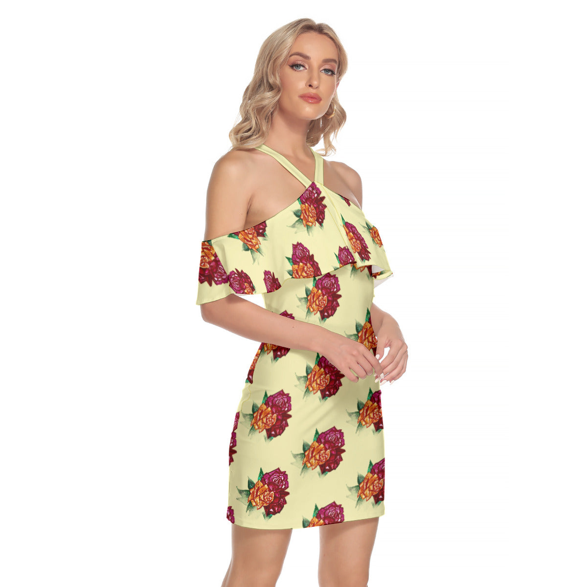 All-Over Print Women's Cold Shoulder Cami Dress With Ruffle