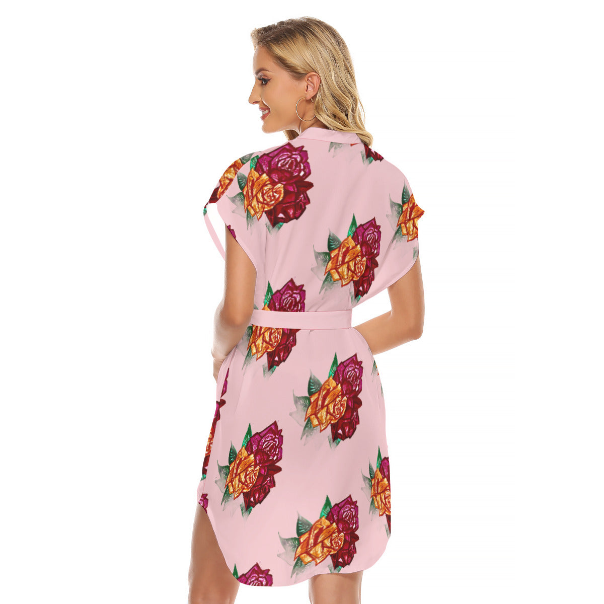 All-Over Print Women's Stand-up Collar Casual Dress With Belt