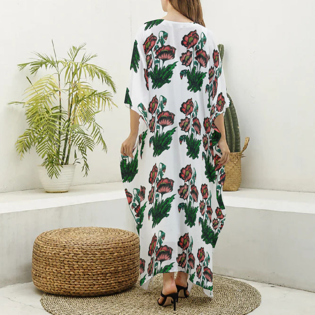 All-Over Print Women's Imitation Silk V-neck Kaftan Robe