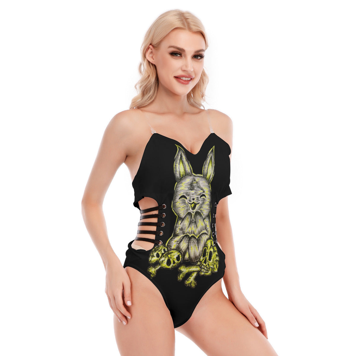All-Over Print Women's Tube Top Bodysuit With Side Black Straps