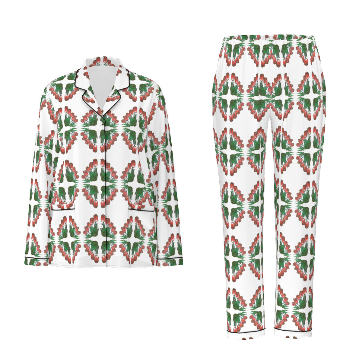 All-Over Print Women's Long Sleeve Pajama Set With Black Contrast Piping