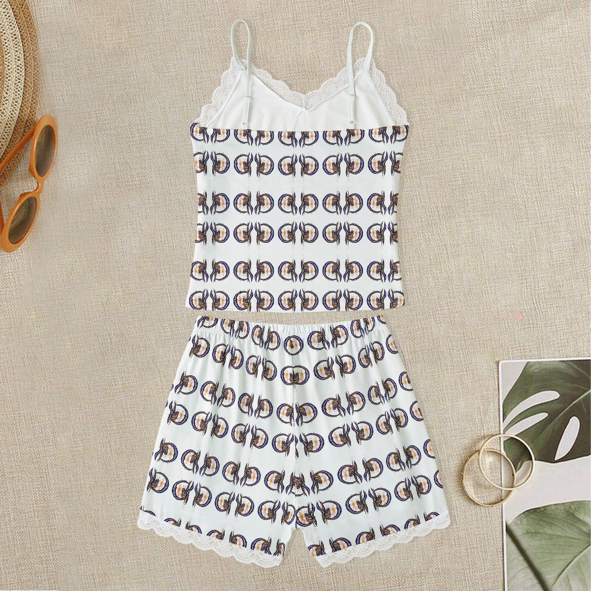 All-Over Print Women's Cami Home Suit With Lace Edge
