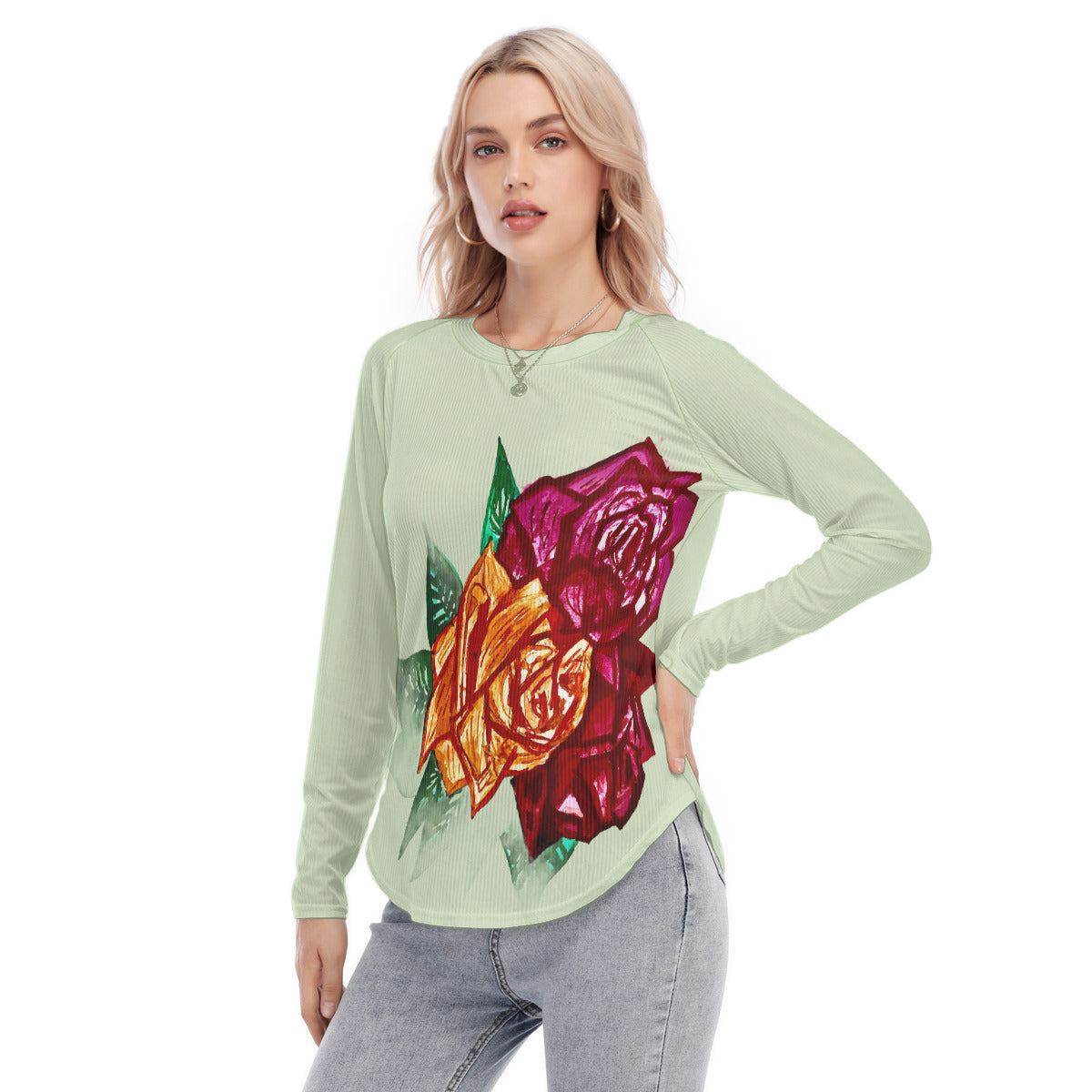 All-Over Print Women's Raglan Sleeves U-Shaped Hem Long Sleeves Blouse