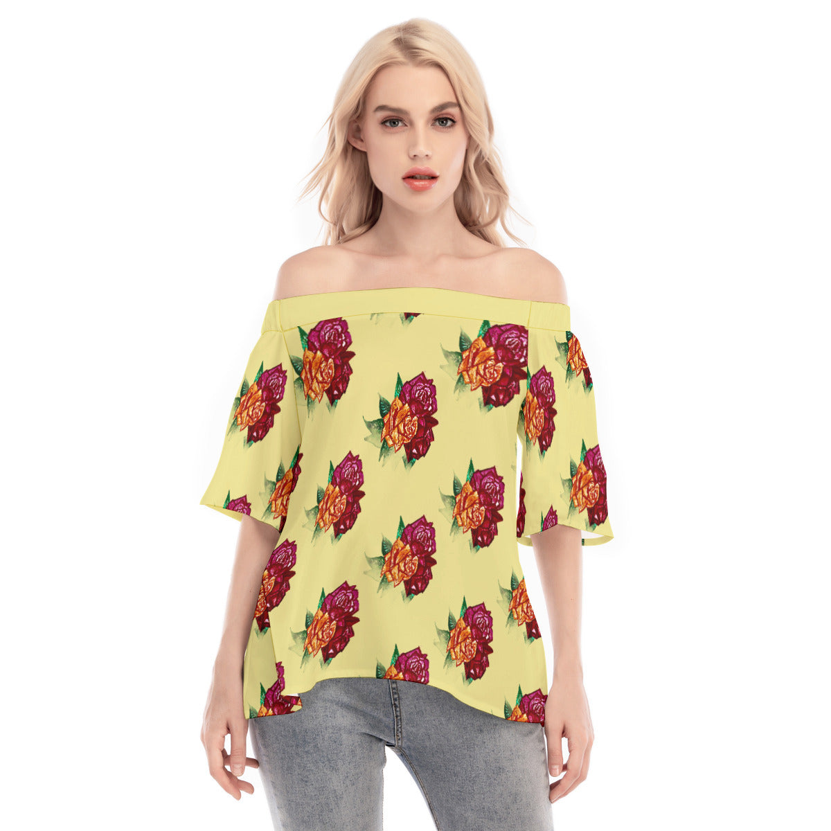 All-Over Print Women's Off-shoulder Flared Sleeves Dress