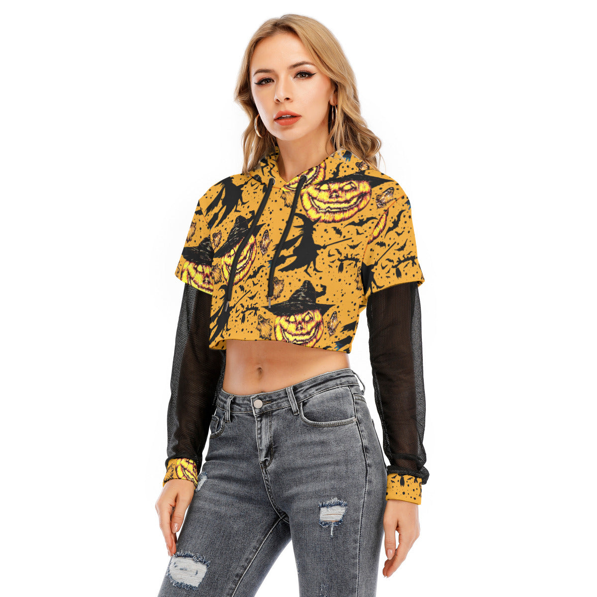 All-Over Print Women's Fake Two-piece Mesh Sleeve Cropped Hoodie