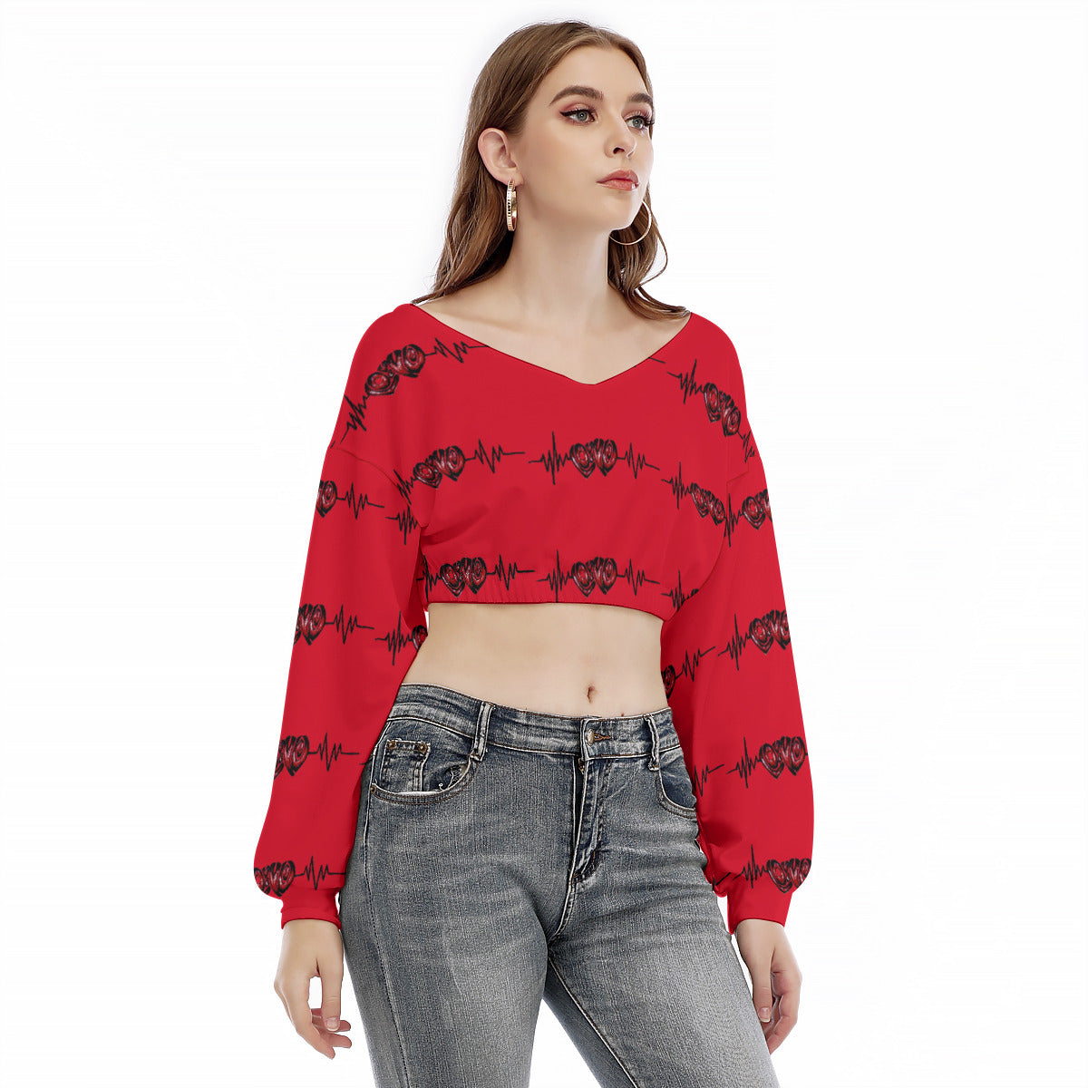 All-Over Print Women's V-neck Long Sleeve Cropped Sweatshirt