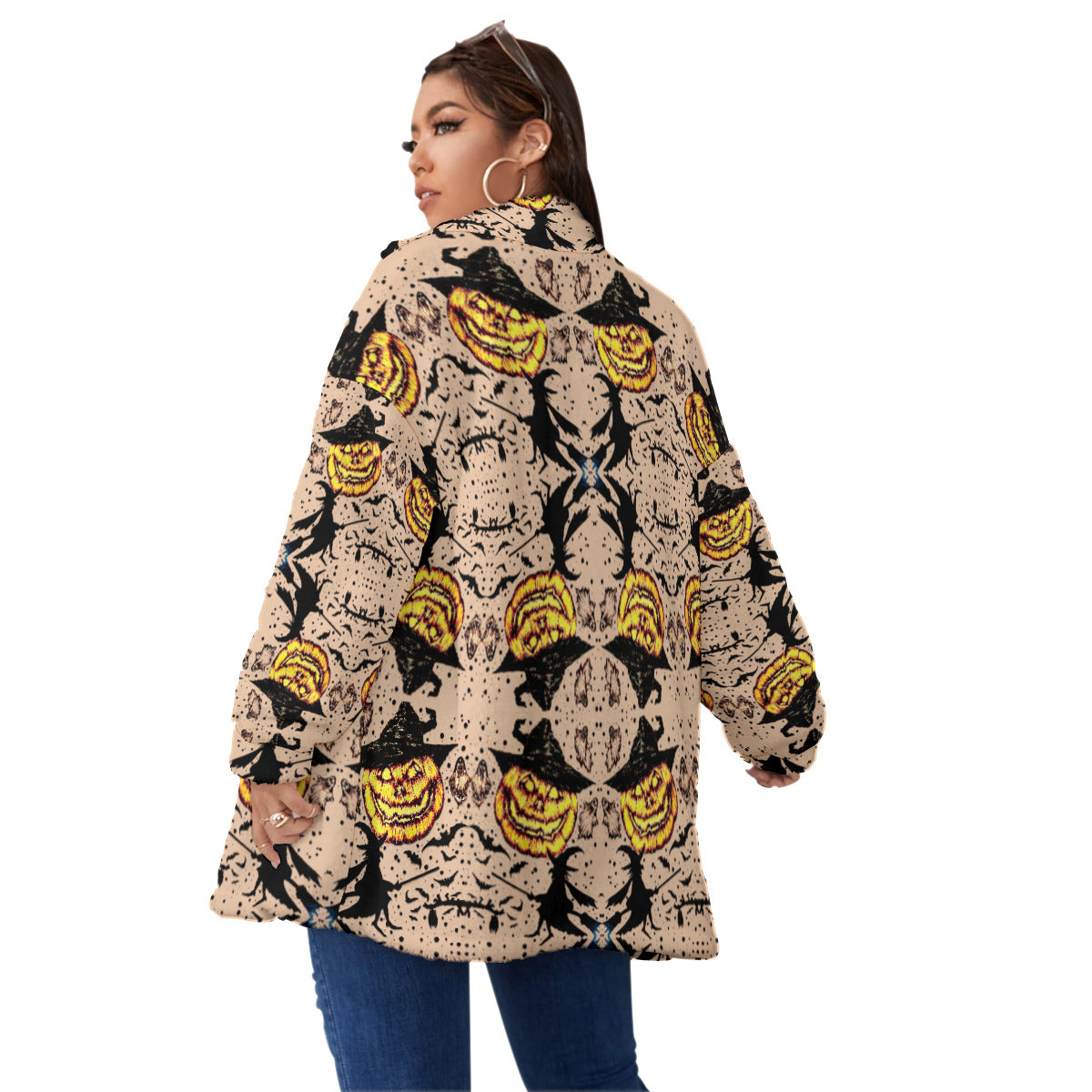 All-Over Print Unisex Borg Fleece Stand-up Collar Coat With Zipper Closure(Plus Size)