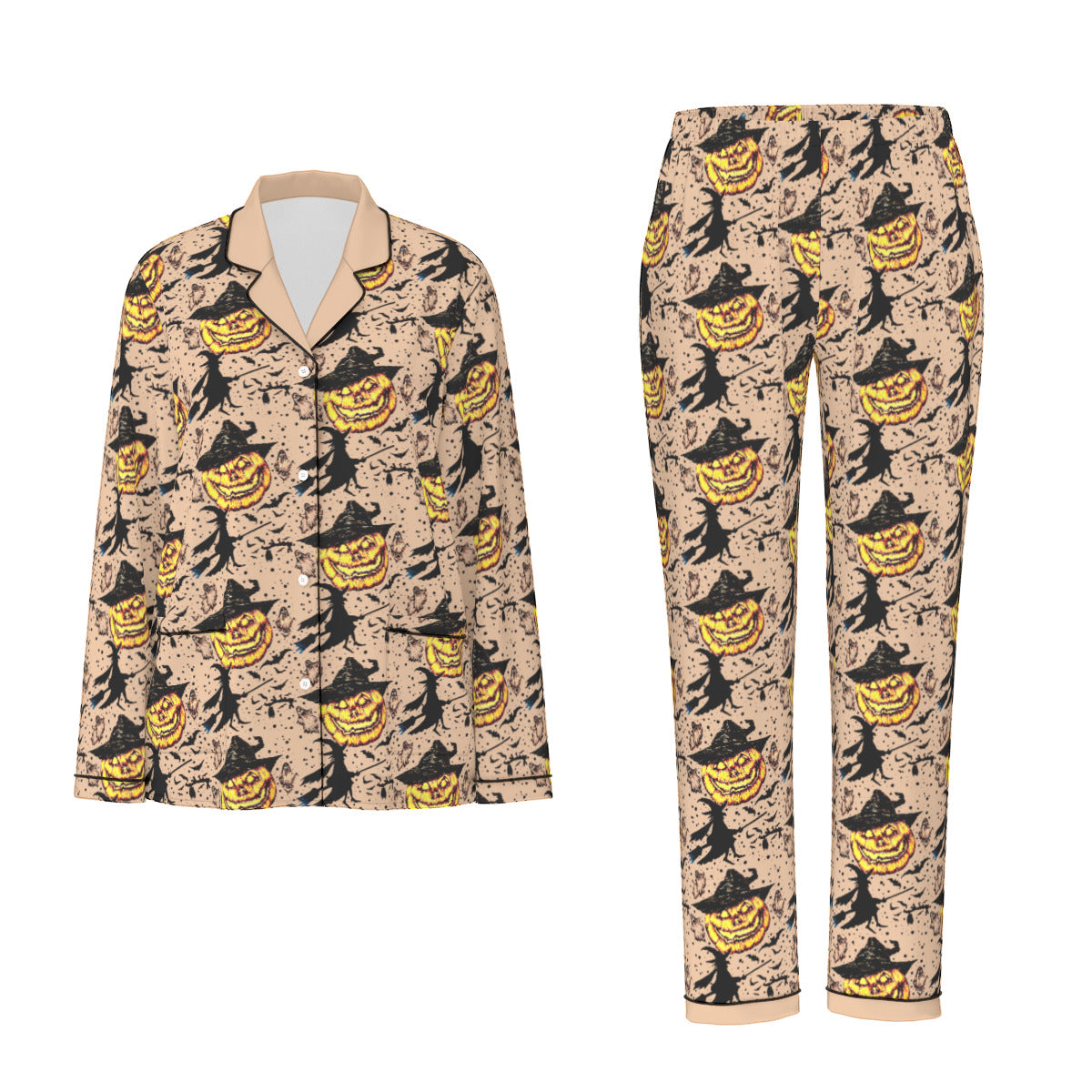 All-Over Print Women's Long Sleeve Pajama Set With Black Contrast Piping