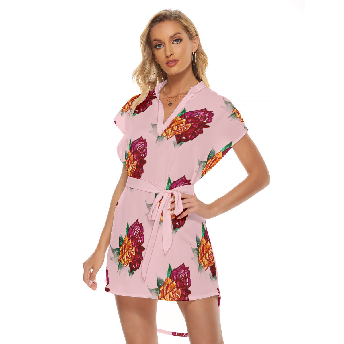 All-Over Print Women's Stand-up Collar Casual Dress With Belt