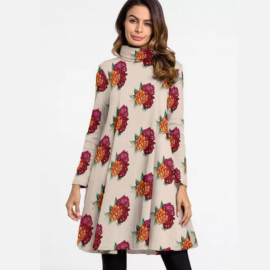 All-Over Print Women's High Neck Dress With Long Sleeve