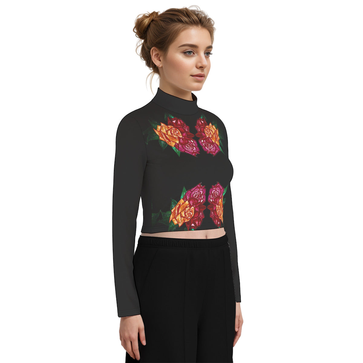 Eco-Friendly All-Over Print Women's Turtleneck T-shirt With Long Sleeve