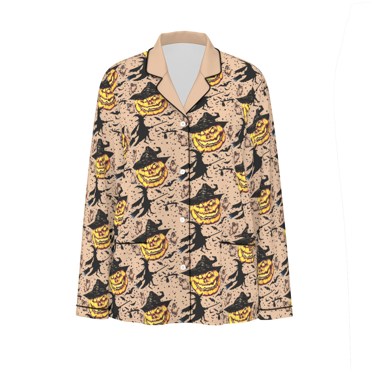 All-Over Print Women's Long Sleeve Pajama Set With Black Contrast Piping