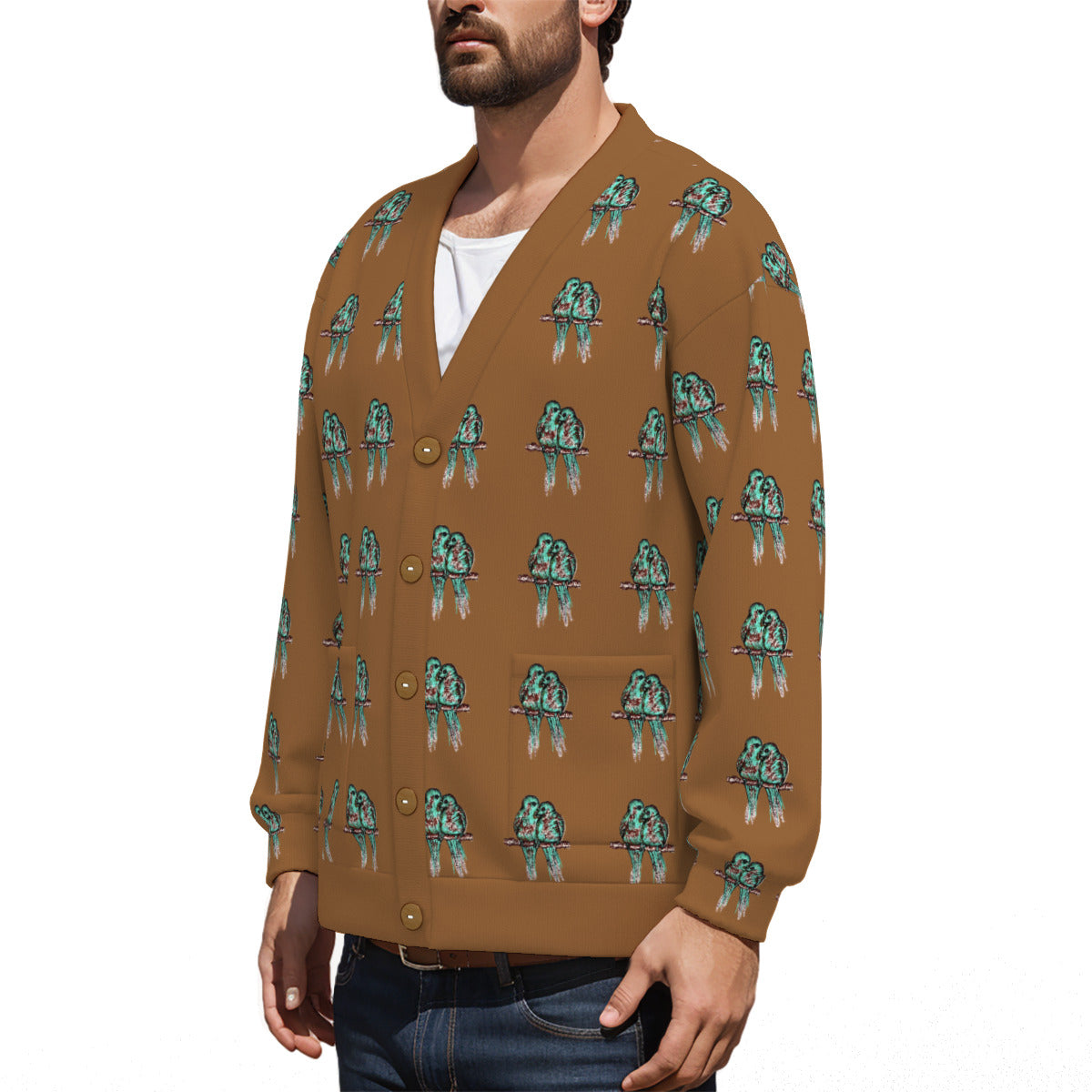 All-Over Print Unisex V-neck Knitted Fleece Cardigan With Button Closure
