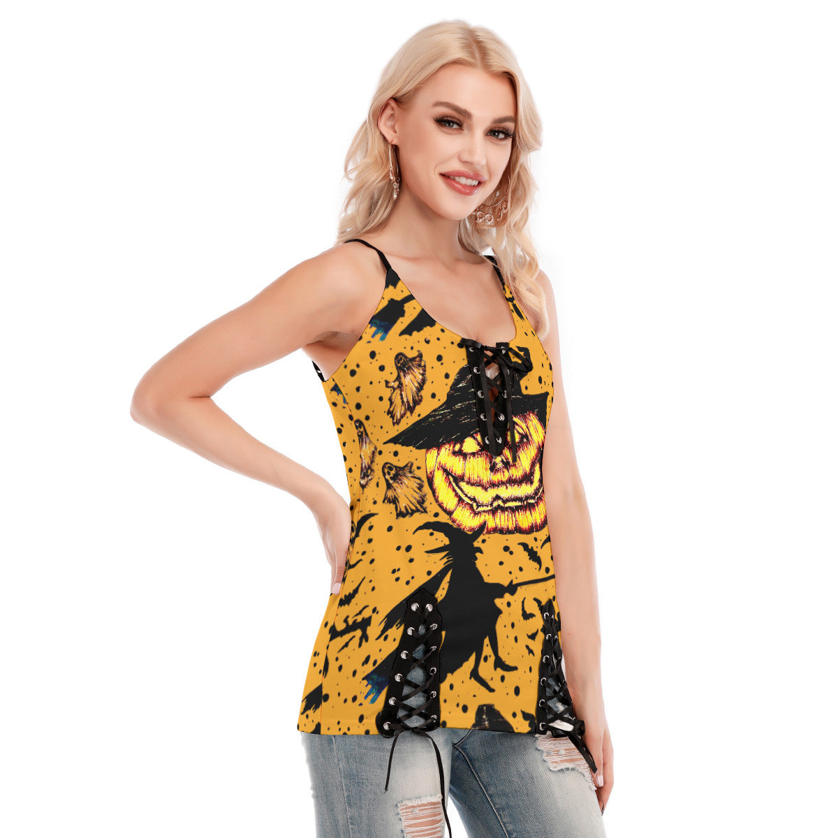 All-Over Print Women's V-neck Eyelet Lace-up Cami Dress