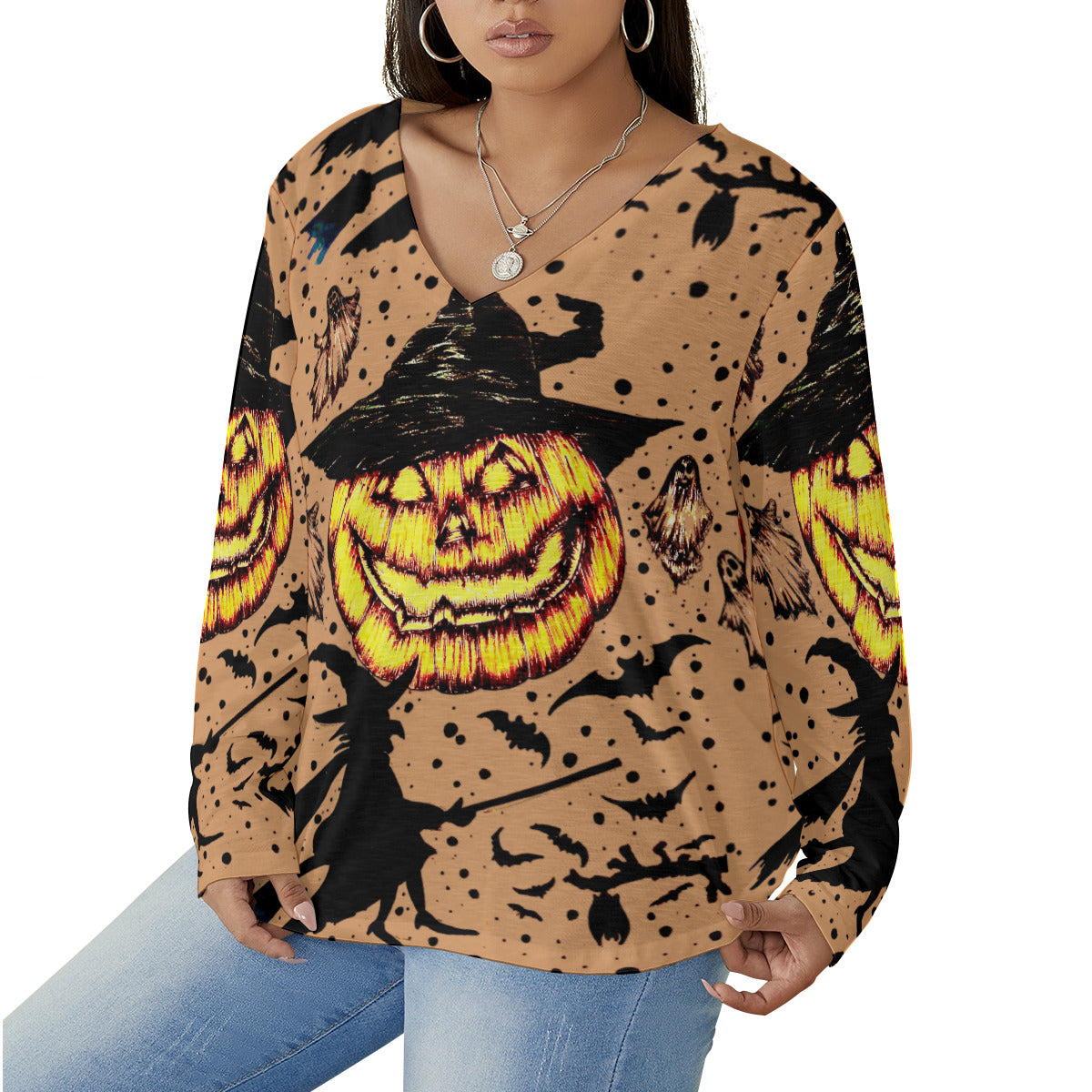 All-Over Print Women's V-neck T-shirt With Curved Hem(Plus Size)