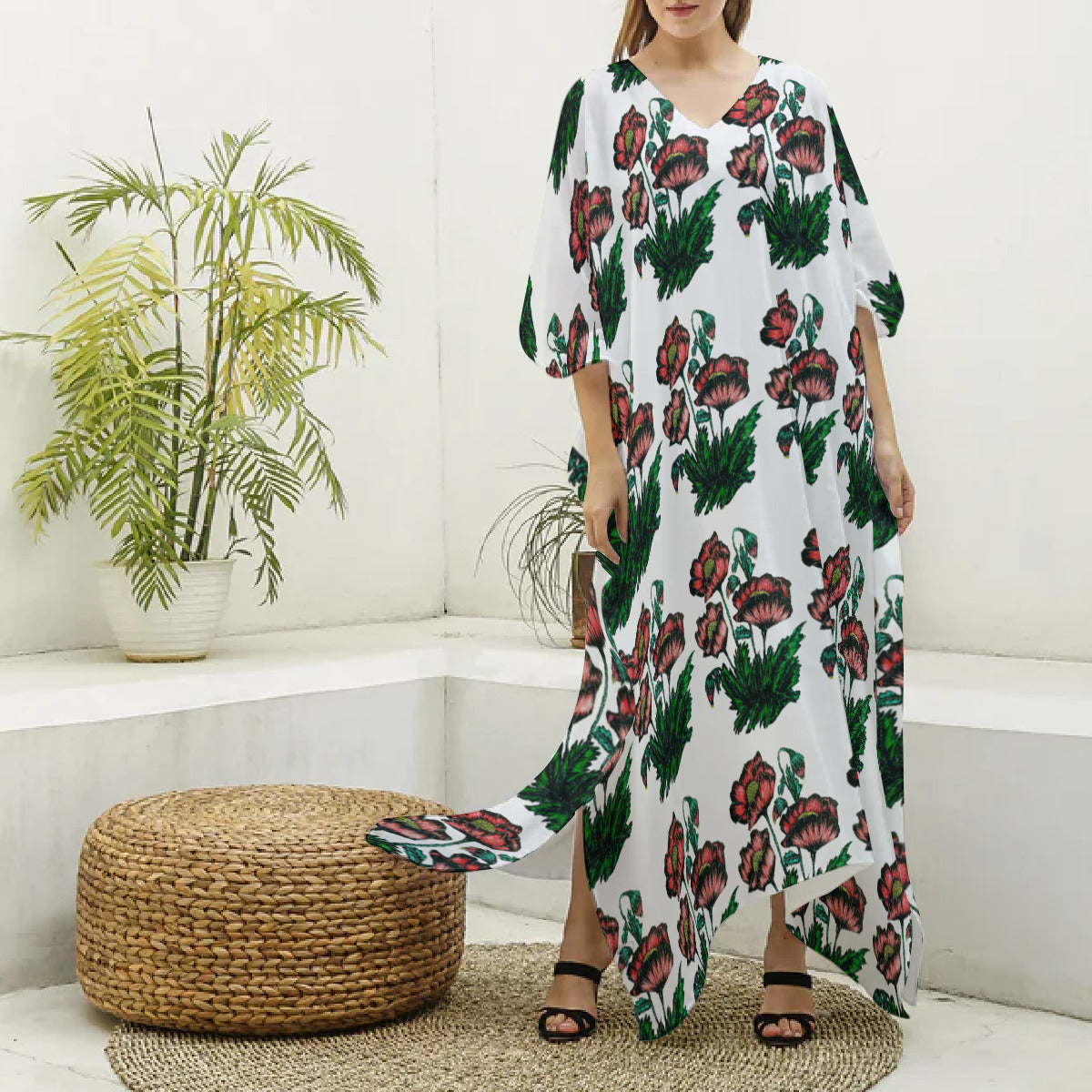 All-Over Print Women's Imitation Silk V-neck Kaftan Robe
