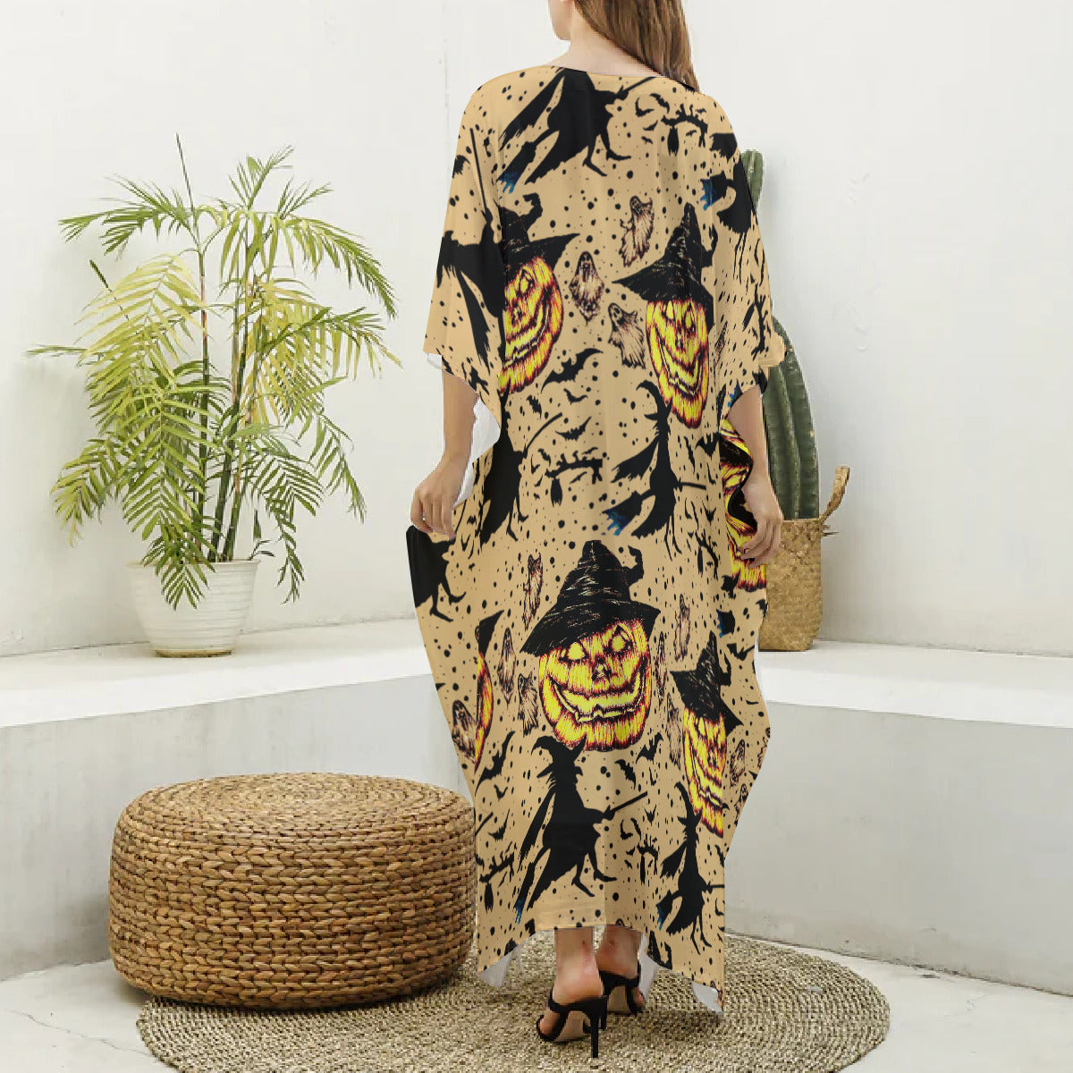 All-Over Print Women's Imitation Silk V-neck Kaftan Robe