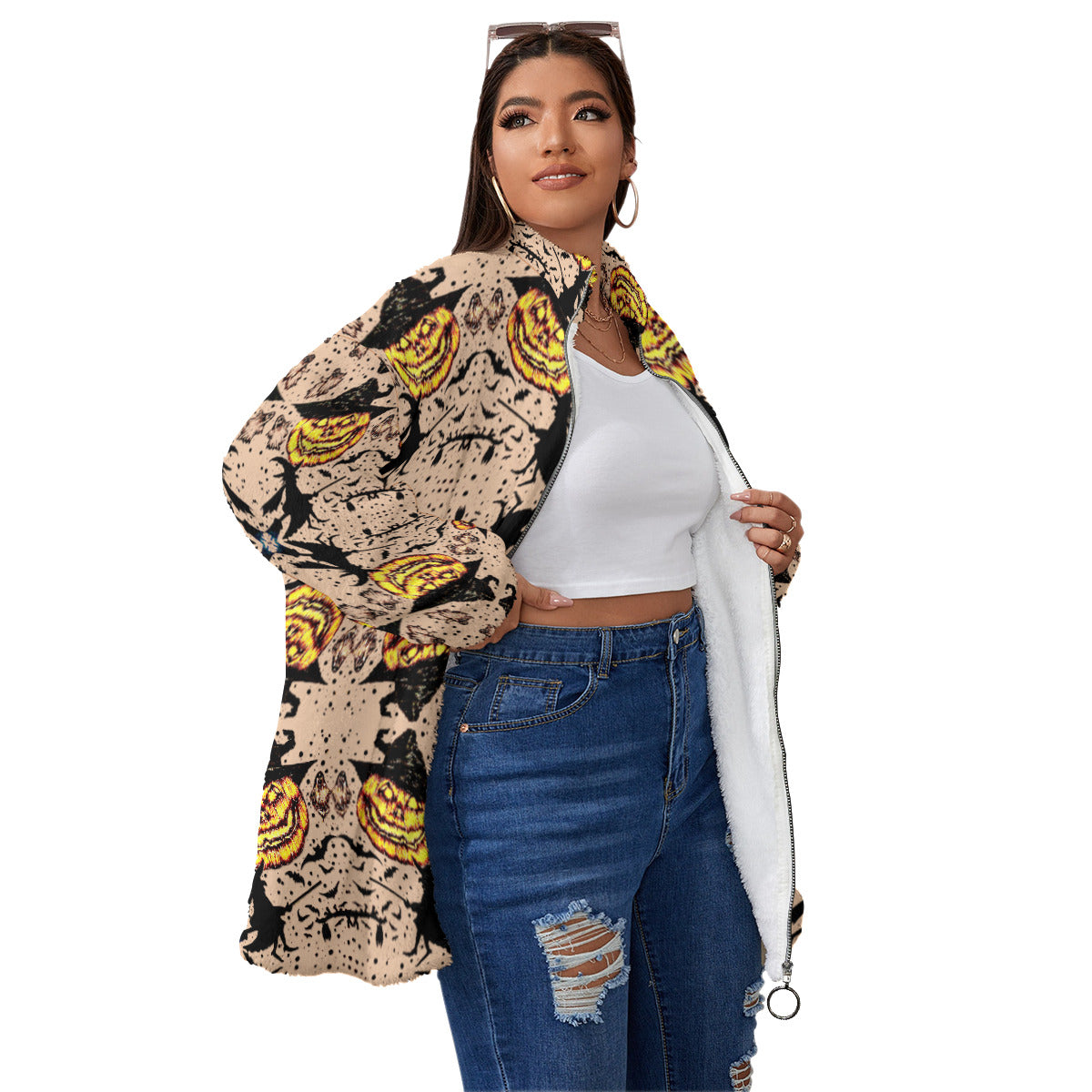 All-Over Print Unisex Borg Fleece Stand-up Collar Coat With Zipper Closure(Plus Size)