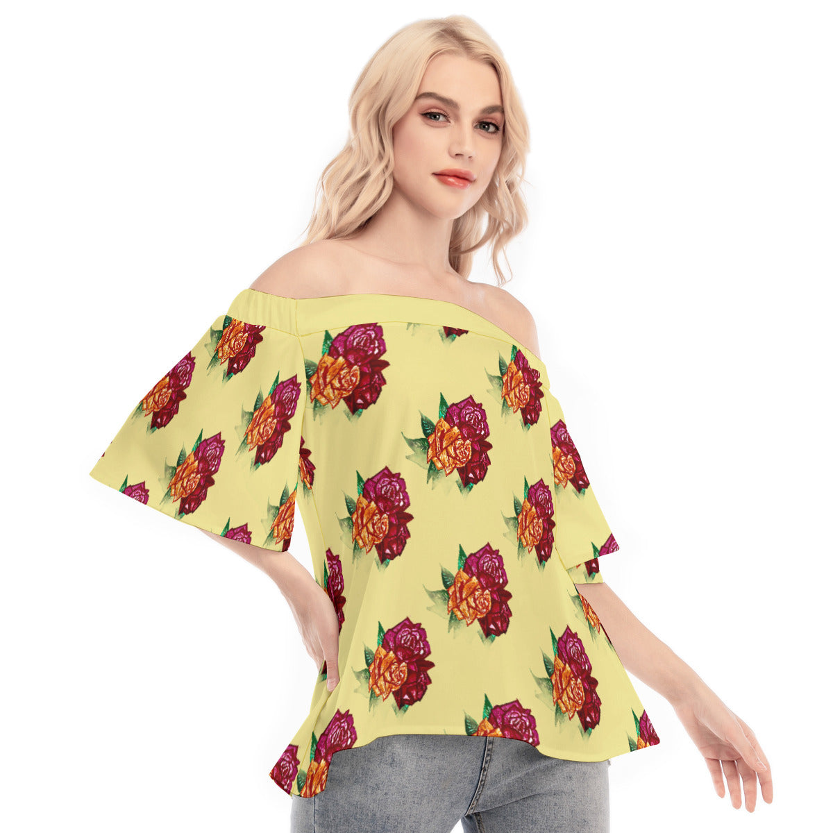 All-Over Print Women's Off-shoulder Flared Sleeves Dress