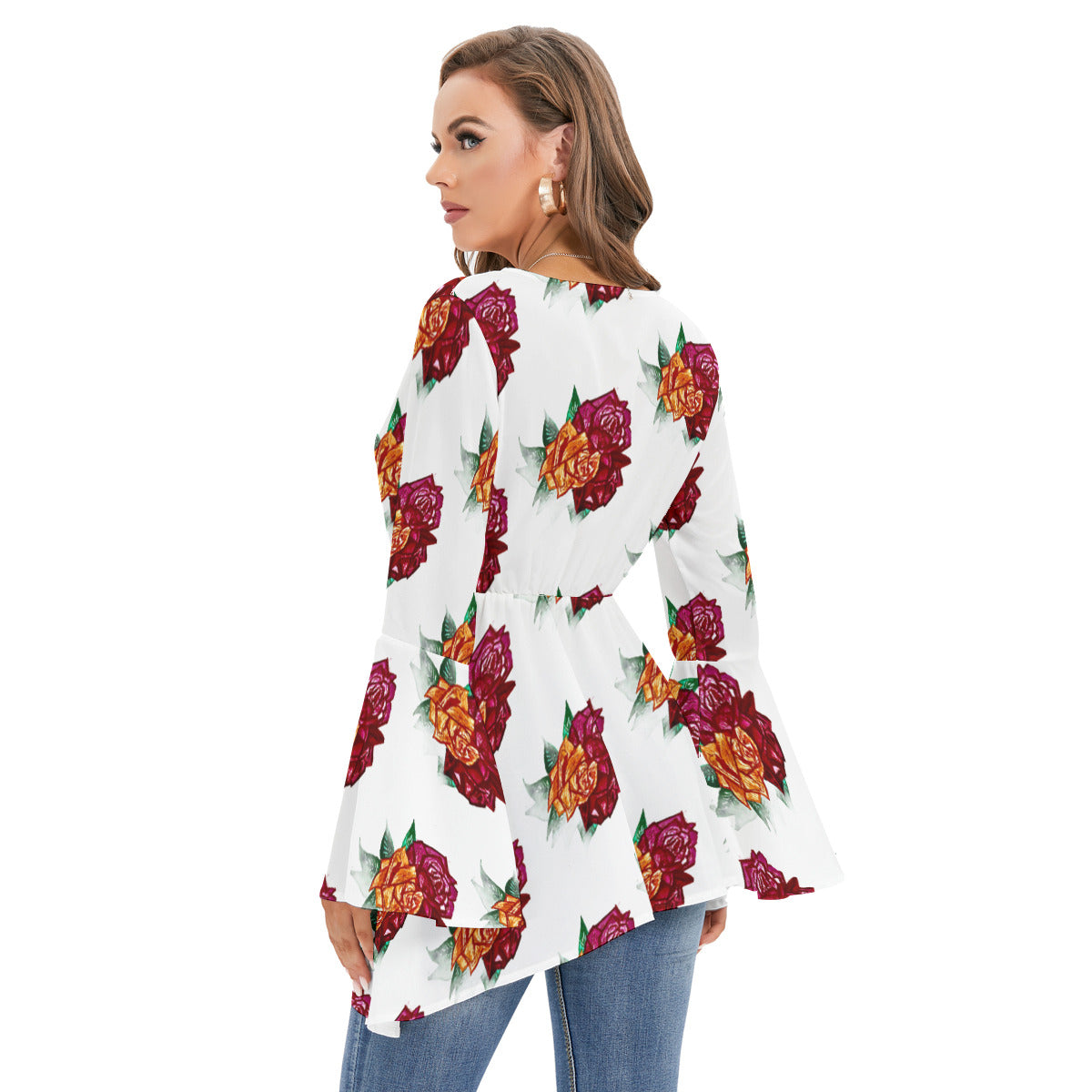 All-Over Print Women's V-neck Blouse With Flared Sleeves