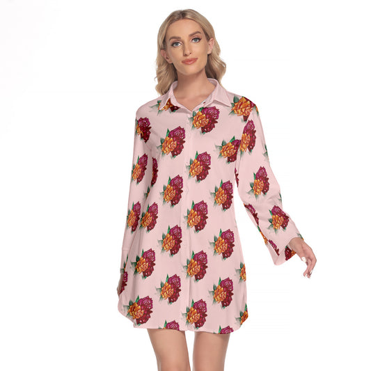All-Over Print Women's Lapel Shirt Dress With Long Sleeve