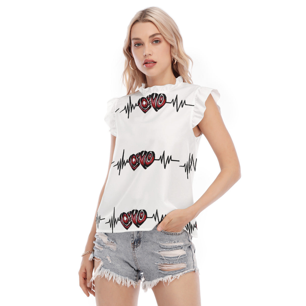 All-Over Print Women's Blouse With Ruffle Collar And Sleeve