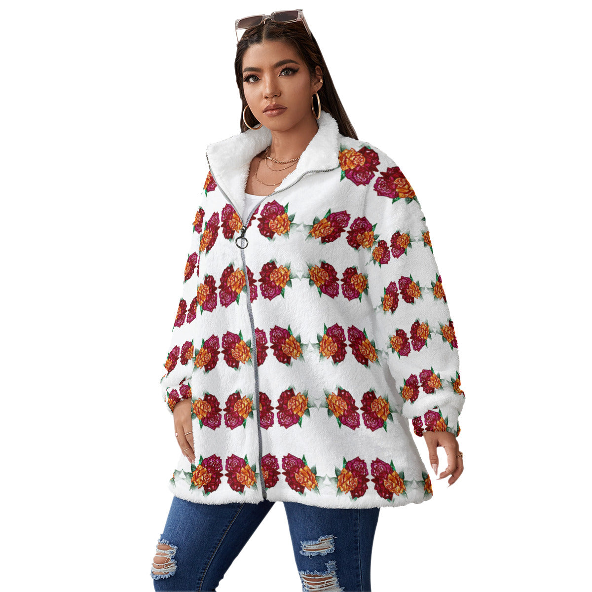 All-Over Print Unisex Borg Fleece Stand-up Collar Coat With Zipper Closure(Plus Size)