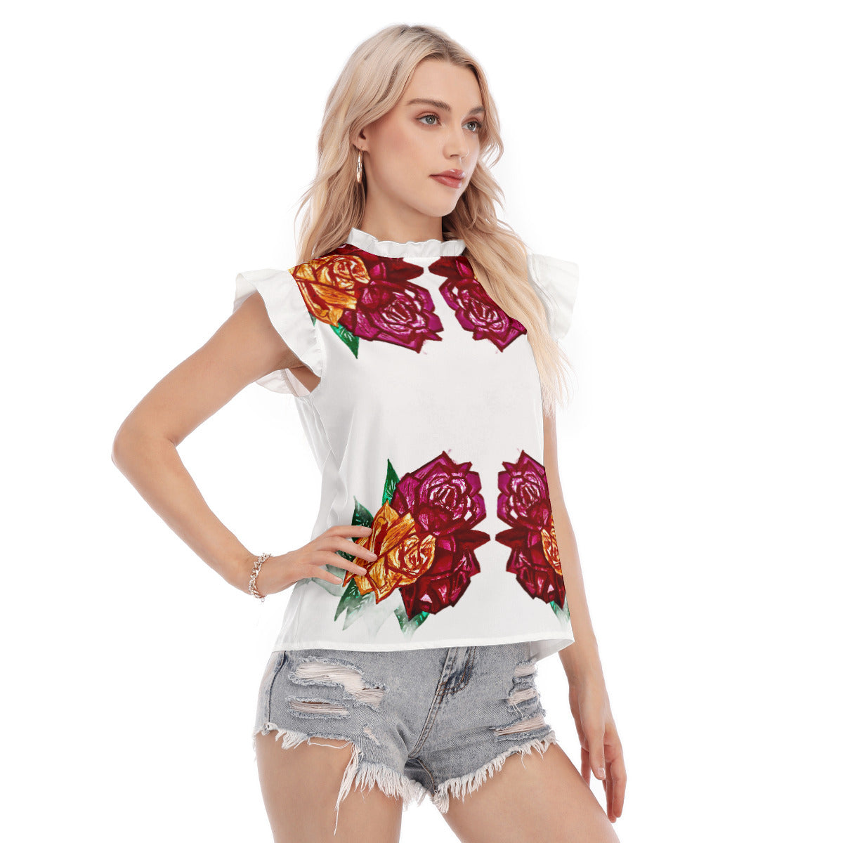 All-Over Print Women's Blouse With Ruffle Collar And Sleeve