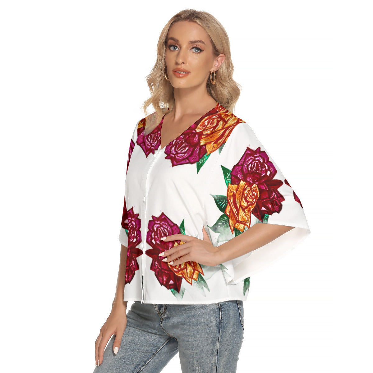 All-Over Print Women's Bat Sleeve Light V-neck Front Buttoned Top