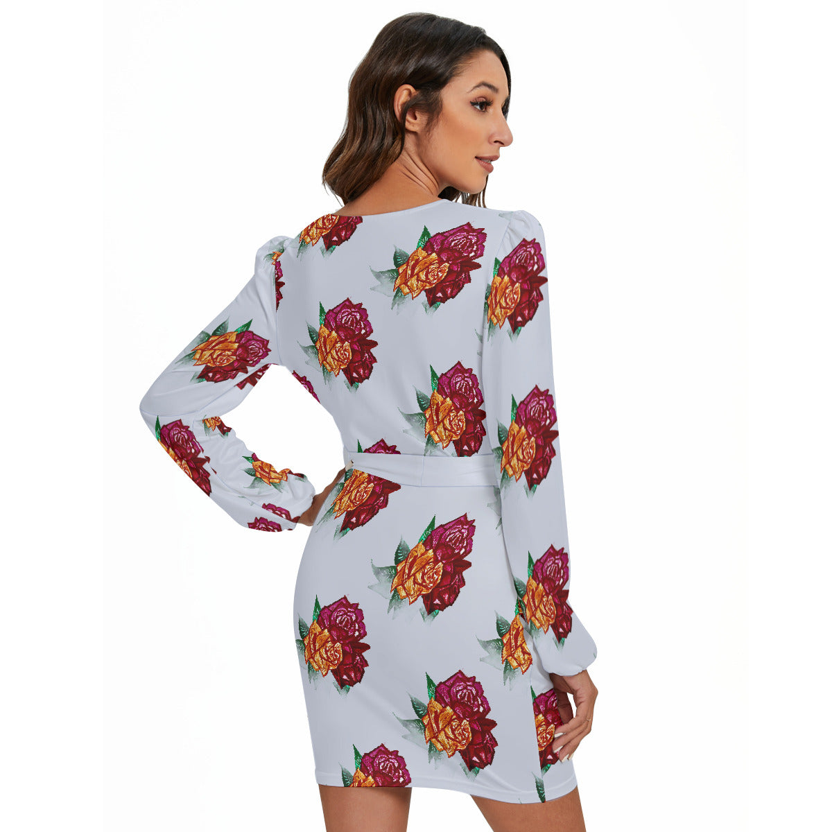 All-Over Print Women's Long Sleeve Dress With Waist Belt