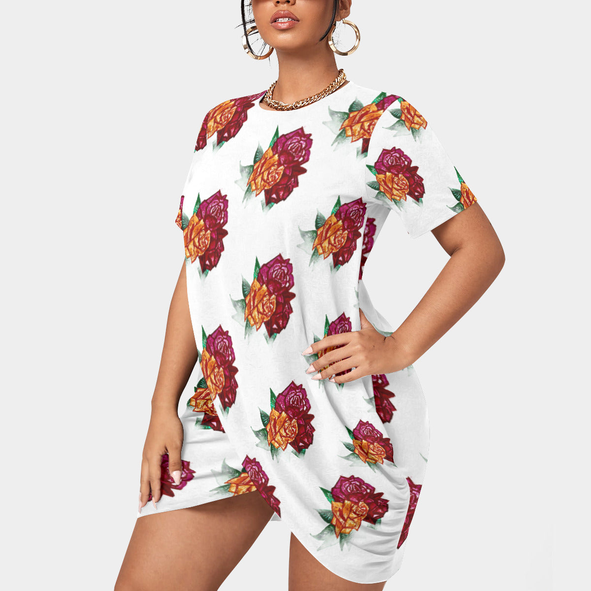 All-Over Print Women’s Stacked Hem Dress With Short Sleeve(Plus Size)