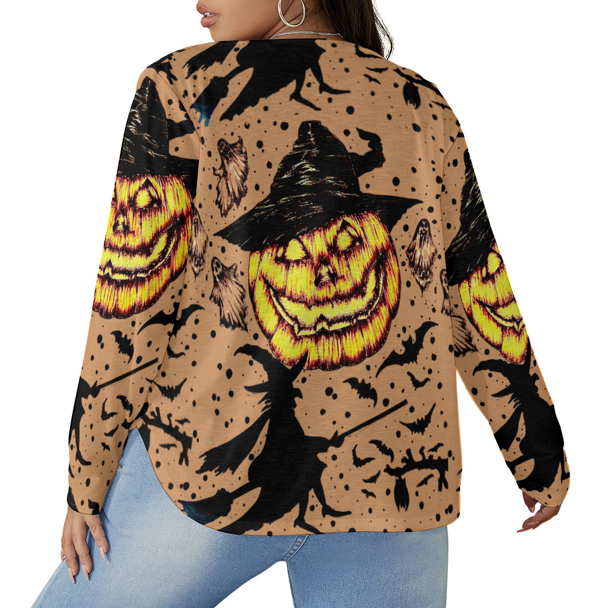All-Over Print Women's V-neck T-shirt With Curved Hem(Plus Size)