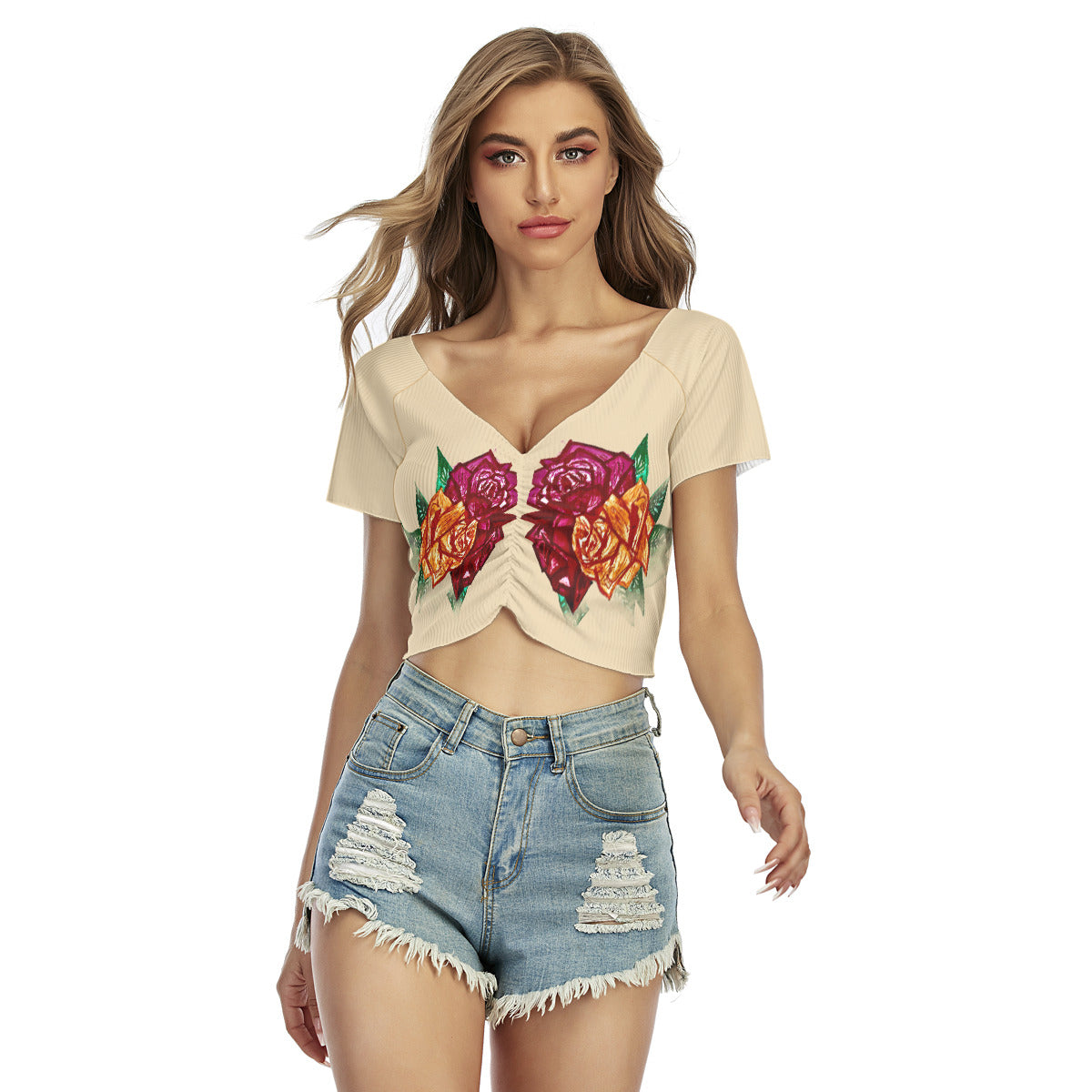 All-Over Print Women's Raglan Drawstring Front Crop Tee