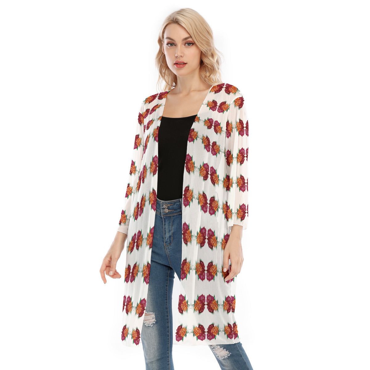 All-Over Print Women's V-neck Mesh Cardigan