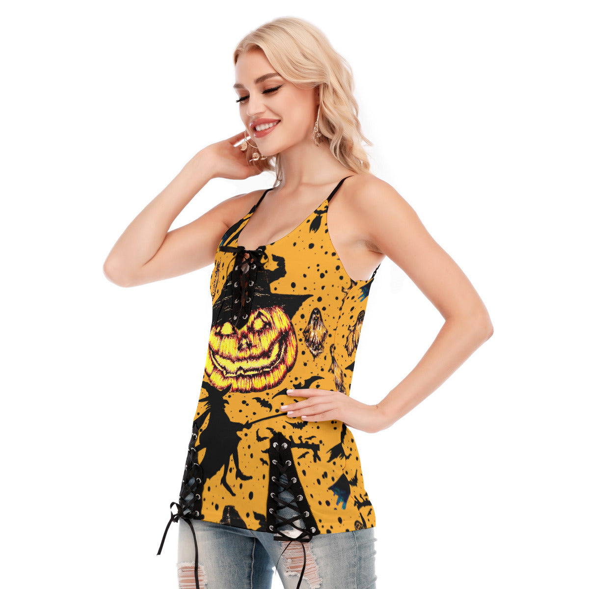 All-Over Print Women's V-neck Eyelet Lace-up Cami Dress