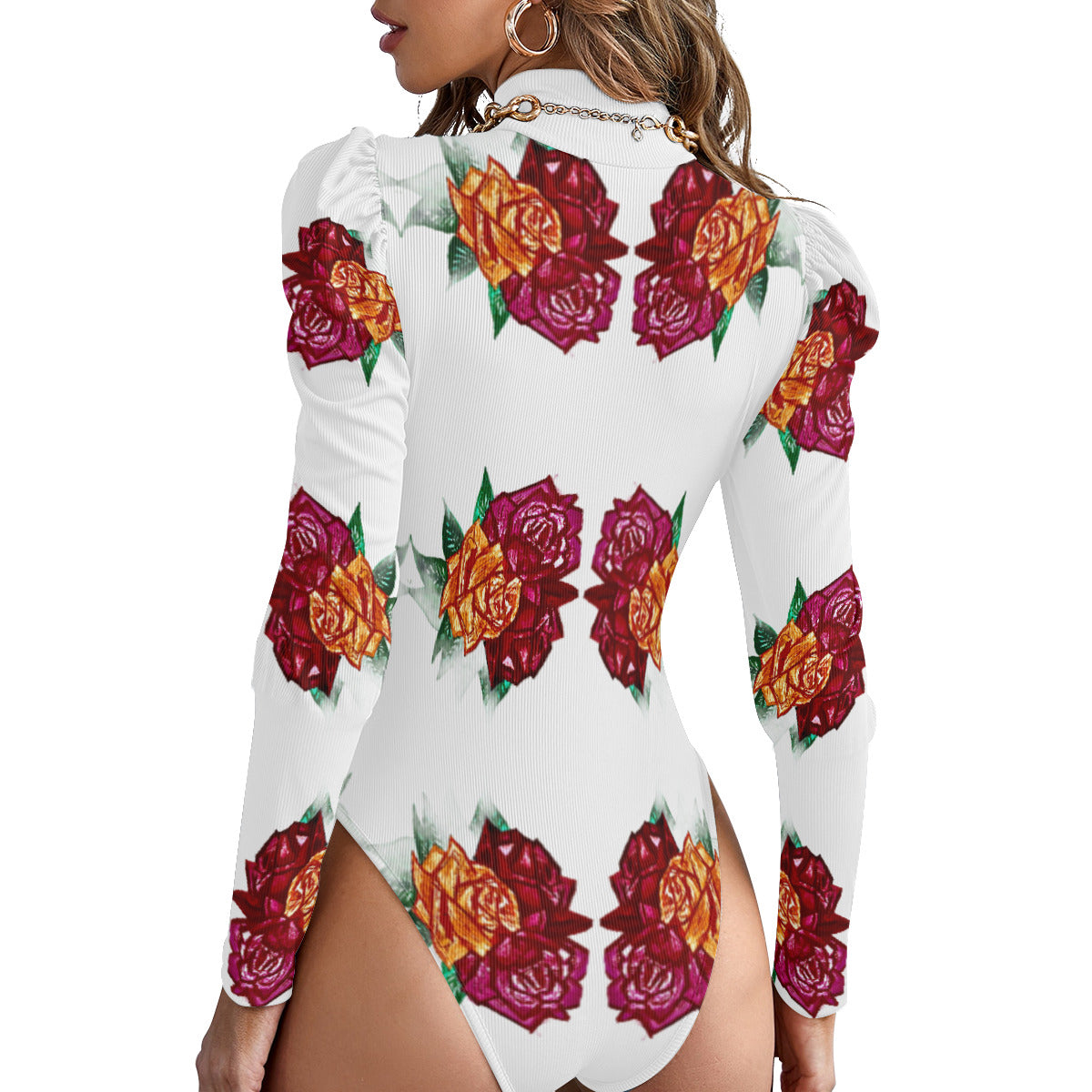 All-Over Women's Turtleneck Bodysuit With Puff Sleeve